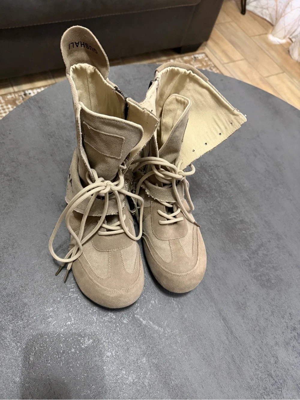 Gushali Kids Beige Canvas Lace-Up Boots